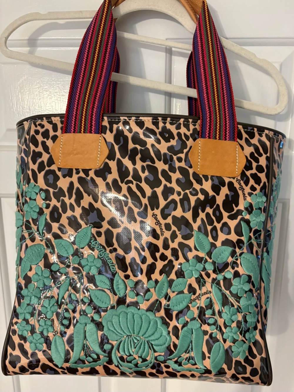 Consuela Leopard Print Tote with Teal embroidered Floral Applique